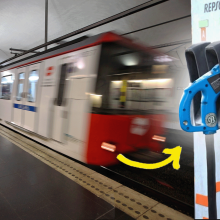 Split image shows a platform in Barcelona's Metro as a train arrives (left) , and an EV charging station (right)