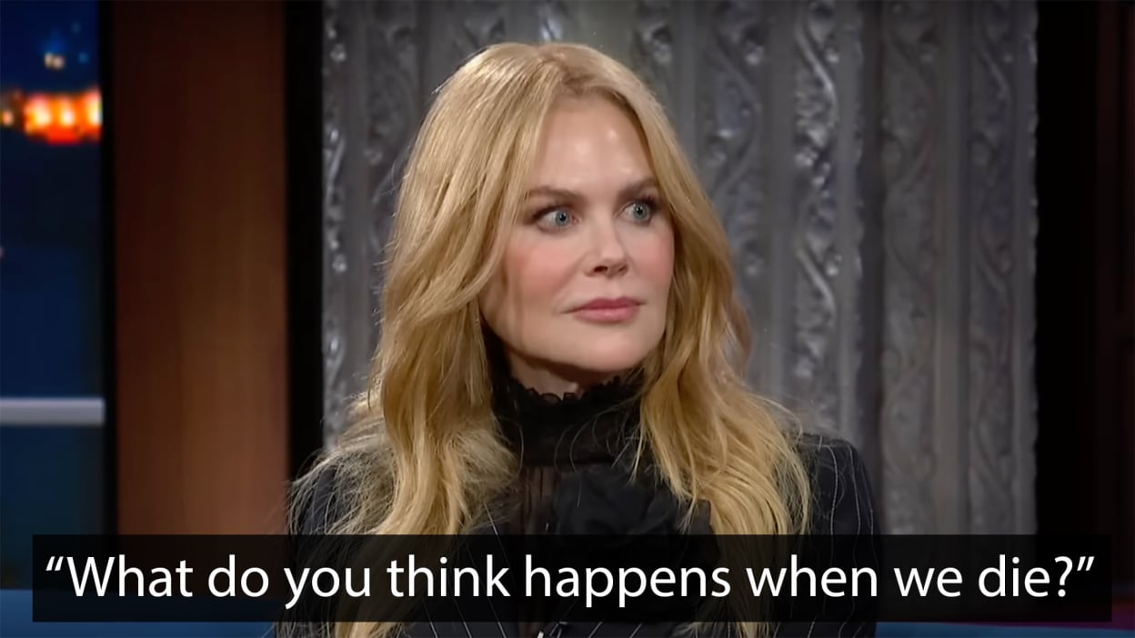 A woman sits on a talk show sofa. The caption at the bottom reads, "What do you think happens when we die?"