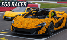 Two McLaren P1s appear to be racing each other – the Lego-made version on the front and the original at the back. Caption reads: "Lego Racer"