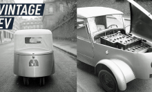 A split screen in B&W shows Peugeot's retro VLV from the back (left) and its front opened to show the E batteries' storage (right); caption reads: "Vintage EV"