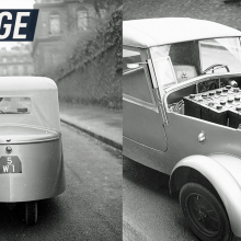 A split screen in B&W shows Peugeot's retro VLV from the back (left) and its front opened to show the E batteries' storage (right); caption reads: "Vintage EV"