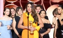 Karla Sofía Gascón gives acceptance speech at the Golden Globes.