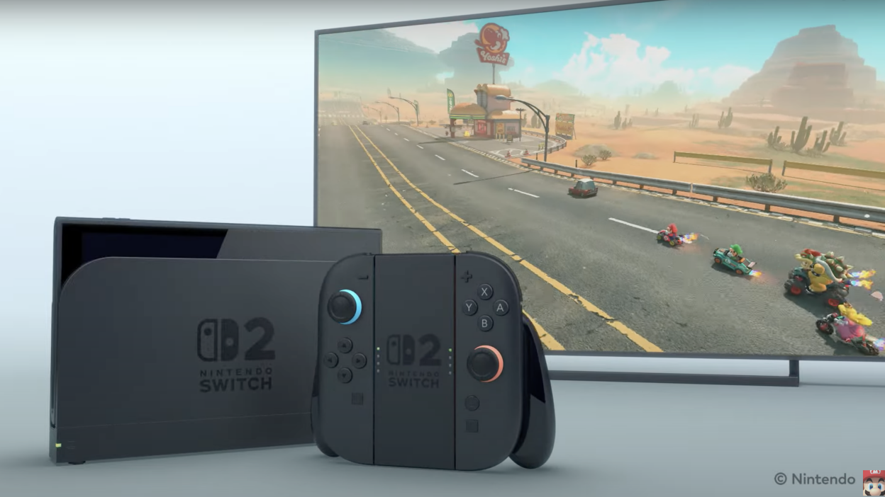 Two games consoles are visible side by side, next to some Mario Kart gameplay footage.