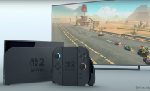 Two games consoles are visible side by side, next to some Mario Kart gameplay footage.