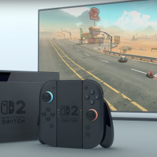 Two games consoles are visible side by side, next to some Mario Kart gameplay footage.