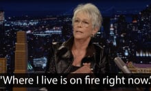 A woman sits on a talk show. The caption at the bottom reads "Where I live is on fire right now."