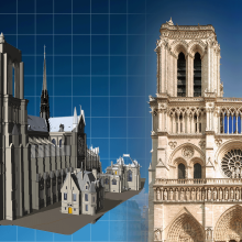 Against a blue grid background,  3D digital twin of Notre-Dame is placed next to an image of the completed building