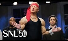 snl cast member james austin johnson as a jacked donald trump in front of other cast members on stage during the cold open