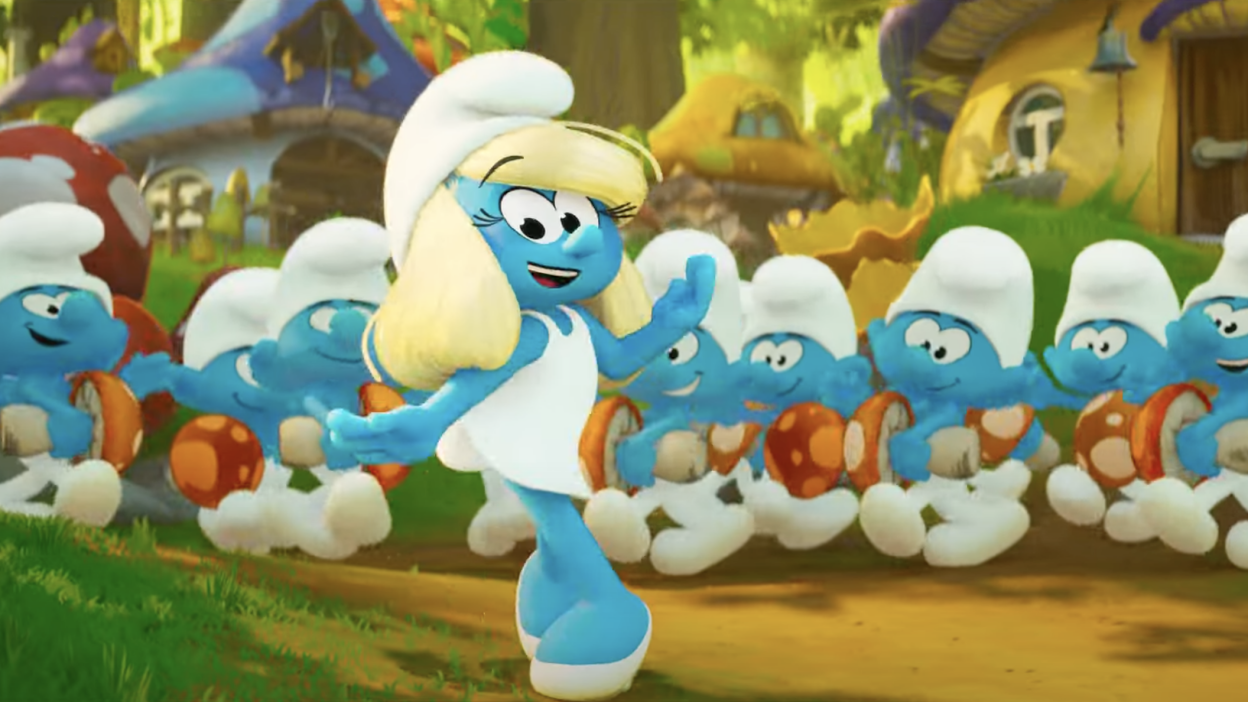 Smurfette dances among the Smurfs in the animated movie.