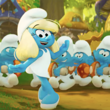 Smurfette dances among the Smurfs in the animated movie.