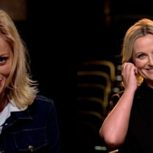 A woman sits down in a chair on the right, grinning. On the left is an image of the same woman when she was younger.