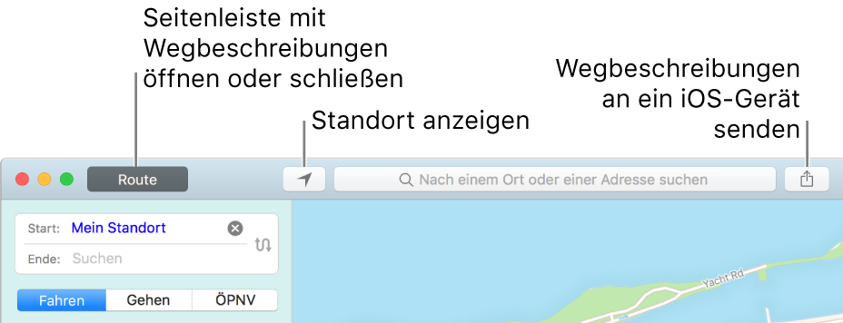 Im Fenster „Karten“ werden in der Symbolleiste die Tasten „Routen“, „Aktuelle Position“ und „Teilen“ angezeigt.