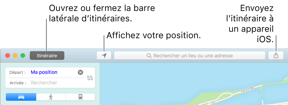 Fenêtre Plans affichant les boutons Itinéraire, Position actuelle et Partager de la barre d’outils