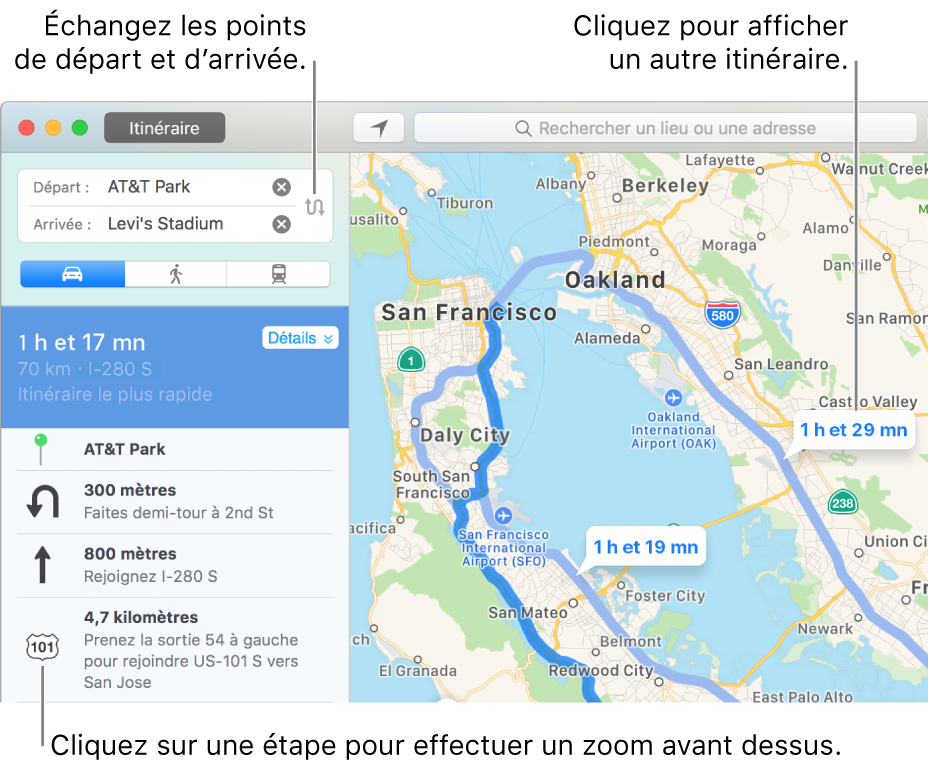 Cliquez sur une étape dans l’itinéraire sur la gauche pour effectuer un zoom avant, ou cliquez sur un autre trajet du plan sur la droite.