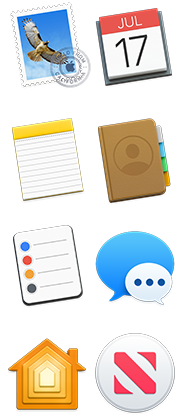 Íconos de Mail, Calendario, Notas, Contactos, Recordatorios, Mensajes, Casa y Noticias