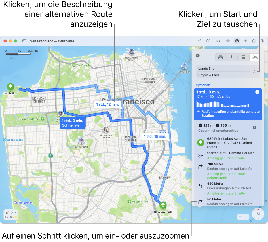 Eine Karte von San Francisco mit einer Fahrradroute, inklusive Höhenunterschied und Verkehrsaufkommen.