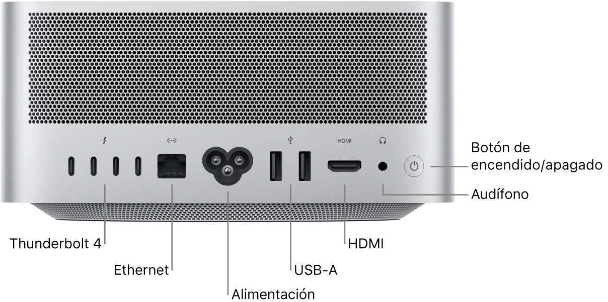 La parte posterior de la Mac Studio mostrando cuatro puertos Thunderbolt 4 (USB-C), el puerto Gigabit Ethernet, el puerto de alimentación, dos puertos USB-A, un puerto HDMI, un conector para audífonos de 3.5 mm, y el botón de encendido.