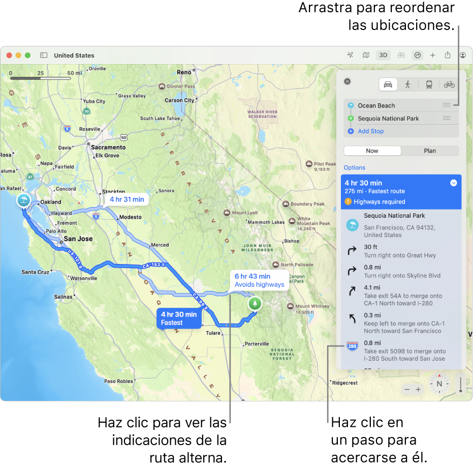 Un mapa de San Francisco con indicaciones para una ruta en auto entre dos ubicaciones. También se muestran rutas alternativas en el mapa.