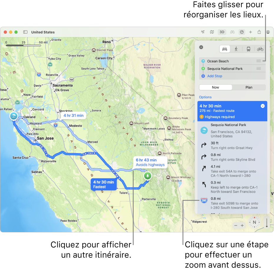 Un plan de la région de San Francisco avec un itinéraire en voiture entre deux lieux. Des routes alternatives sont également affichées sur le plan.