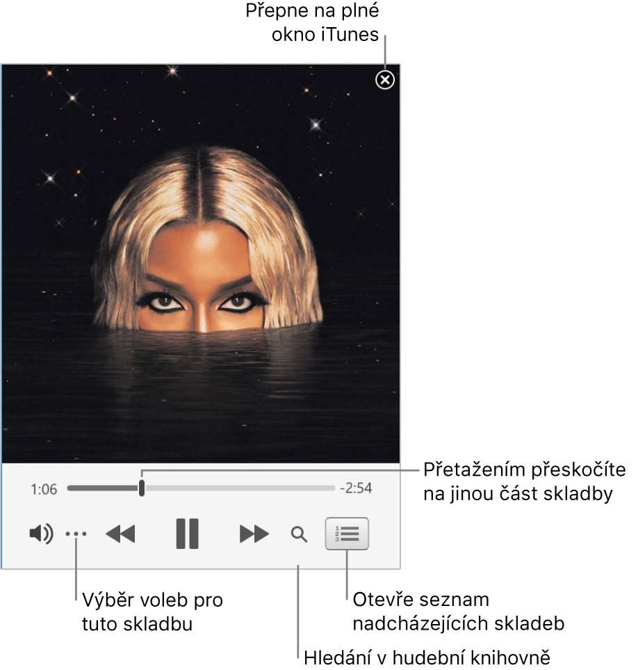 Rozbalený minipřehrávač s ovládacími prvky pro právě přehrávanou skladbu. V pravém horním rohu se nachází zavírací tlačítko, kterým můžete přepnout na úplné okno iTunes. U dolního okraje okna je jezdec, pomocí kterého můžete přejít na jinou část skladby. Pod jezdcem je na levé straně umístěno tlačítko Více, které slouží k výběru voleb zobrazení a dalších voleb pro právě přehrávanou skladbu. Zcela vpravo pod jezdcem se zobrazují dvě tlačítka – lupa pro prohledávání celé hudební knihovny a seznam Nadcházející, ve kterém vidíte skladby připravené k přehrání.