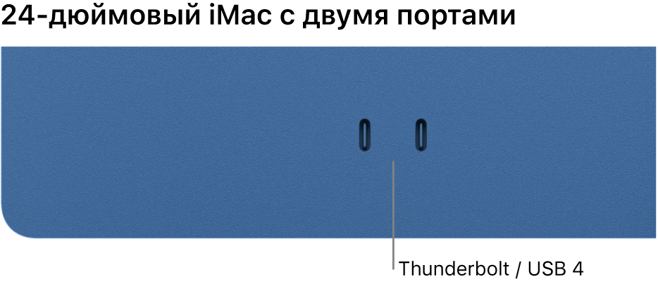 Изображение компьютера iMac с 2 разъемами Thunderbolt/4 разъемами USB.