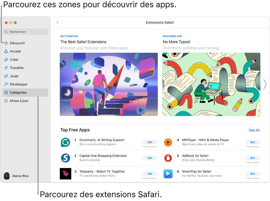 Page principale des extensions Safari du Mac App Store. La barre latérale située à gauche comprend des liens vers d’autres pages : Découvrir, Arcade, Créer, Travailler, Jouer, Développer, Catégories et Mises à jour. À droite se trouvent les extensions Safari disponibles.