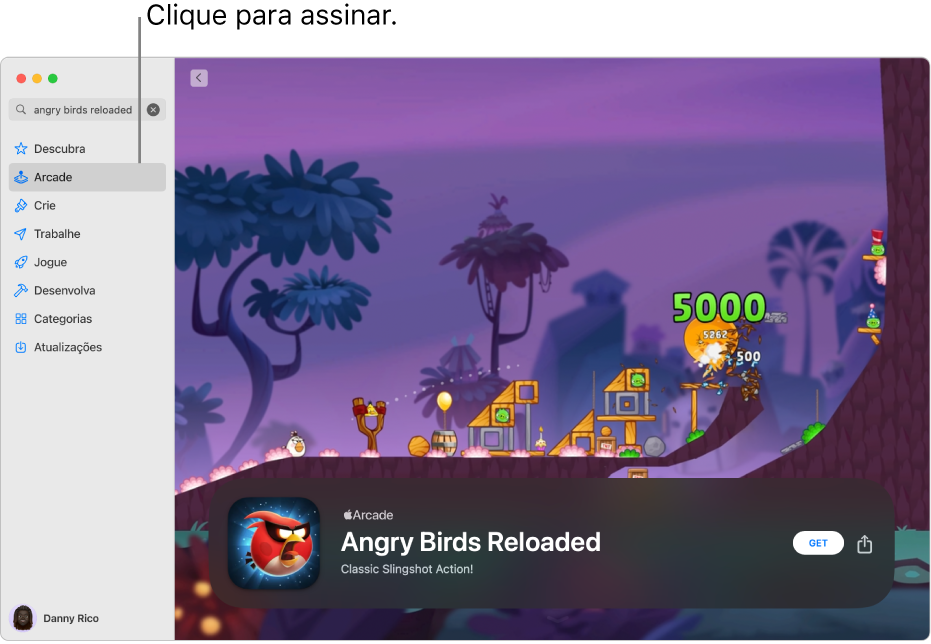 Página principal do Apple Arcade. Um jogo popular é exibido à direita.