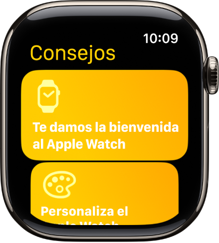 La app Consejos con colecciones de consejos, como el de la bienvenida al Apple Watch.