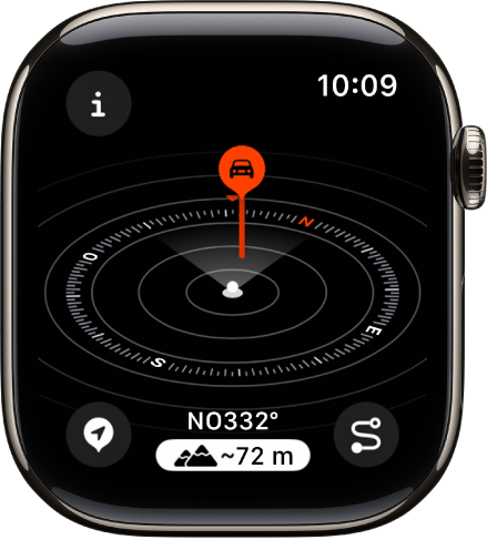 La app Brújula con la vista Altitud. Aparecen varios puntos de referencia en un dial inclinado. Un poste blanco indica la altitud actual, que es superior a la de los otros puntos de referencia del dial. Arriba a la izquierda aparece el botón Información, abajo a la izquierda está el botón “Puntos de referencia”, en el centro está el botón Altitud, y abajo a la izquierda, el botón Retorno.