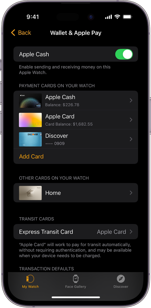 Na Zaslonu iPhonea prikazuju se postavke Novčanik i Apple Pay u aplikaciji Apple Watch.