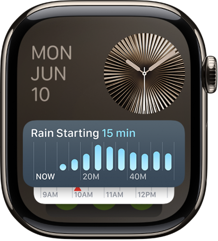 A pilha inteligente no Apple Watch a mostrar o widget Temporizador à frente e dois widgets atrás.