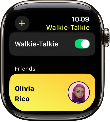 Walkie-talkie-skärmen visar ett Walkie-talkie-reglage högt upp och en vän längst ned.