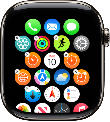 Uppställningsskärmen i Apple Watch-appen visar ett rutnät med symboler.