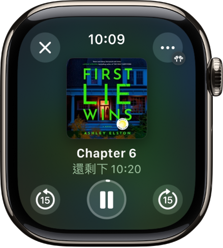 有聲書的「播放」畫面。「關閉」按鈕位於左上角，「更多」按鈕位於右上角，跳到 15 秒前的上一段按鈕位於左下角，「播放/暫停」按鈕位於底部中間，跳到 15 秒後的下一段按鈕位於右下角。中間是書籍封面、章節號和章節剩餘時間。