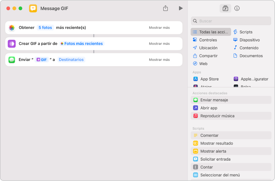 El editor de atajos mostrando acciones para enviar un mensaje con fotos como una imagen GIF animada.