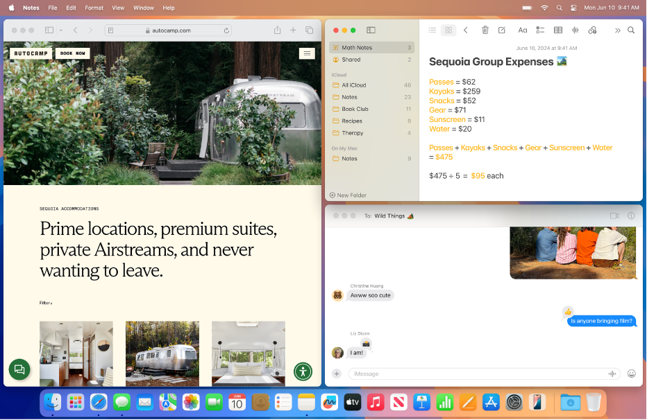 El escritorio de una Mac mostrando tres ventanas en mosaicos, una ventana de Safari en una mitad de la pantalla, una ventana de Notas en la esquina superior derecha, y una ventana de Mensajes en la esquina inferior derecha.