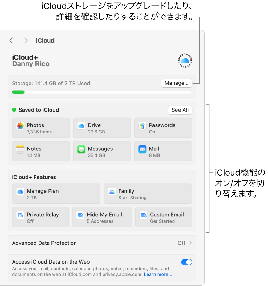 すべての機能がオンになっているiCloud設定。