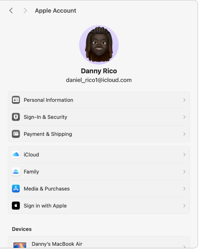 De instellingen voor 'Apple Account', met de Apple Account-afbeelding en naam van de gebruiker bovenaan en daaronder de verschillende accountopties die je kunt instellen en gebruiken.