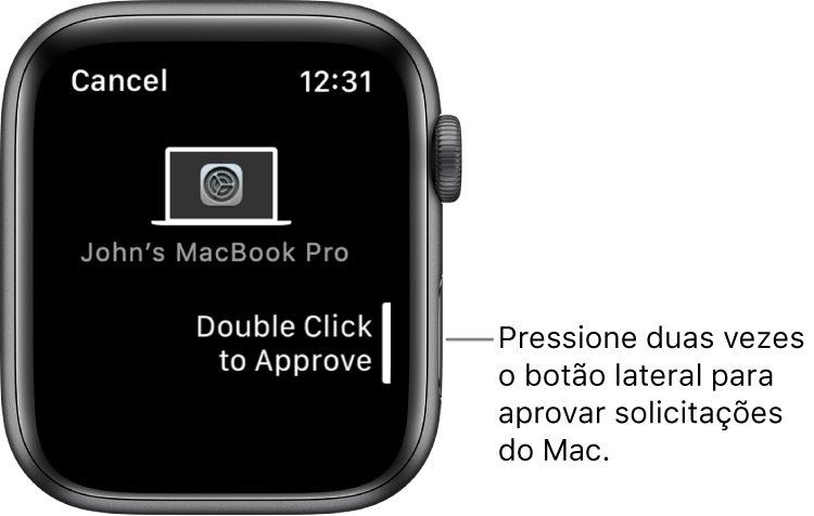 Apple Watch mostrando uma solicitação de aprovação de um MacBook Pro.