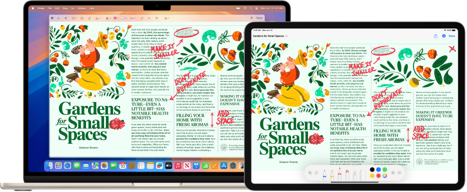 Un MacBook Air și un iPad sunt alăturate. Ambele ecrane afișează un articol plin de editări roșii realizate cu mâna, cum ar fi propoziții tăiate, săgeți și cuvinte adăugate. Și iPad-ul are comenzi de marcaj în partea de jos a ecranului.
