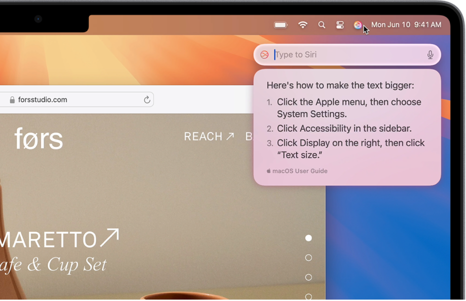 Pravá horná časť plochy Macu zobrazujúca ikonu Siri v lište a pole Napíšte to Siri, spolu s krokmi, ktoré Siri poskytne ako informácie na zväčšenie textu.