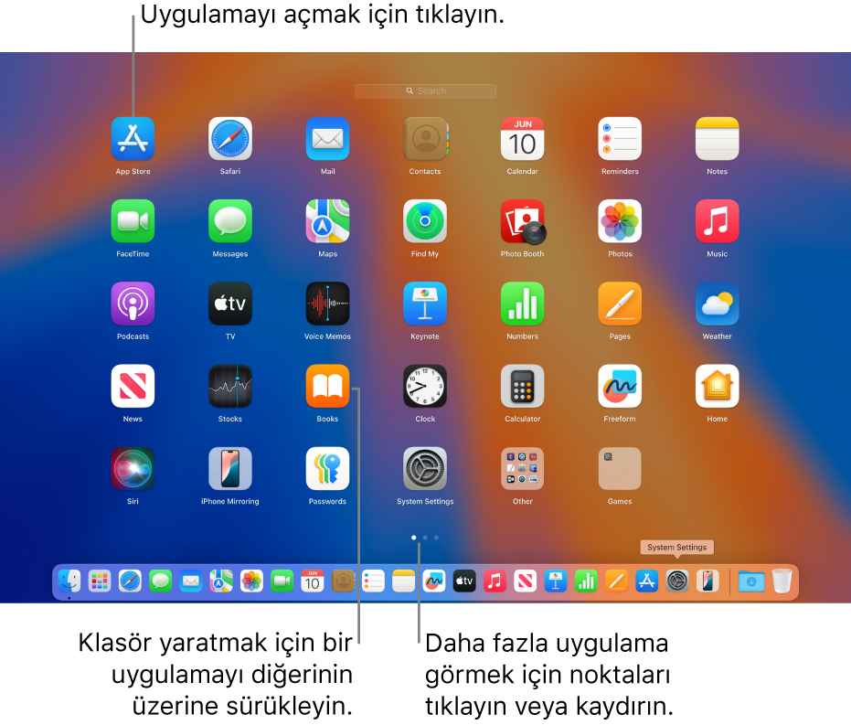 Açabileceğiniz uygulamaları gösteren Launchpad.