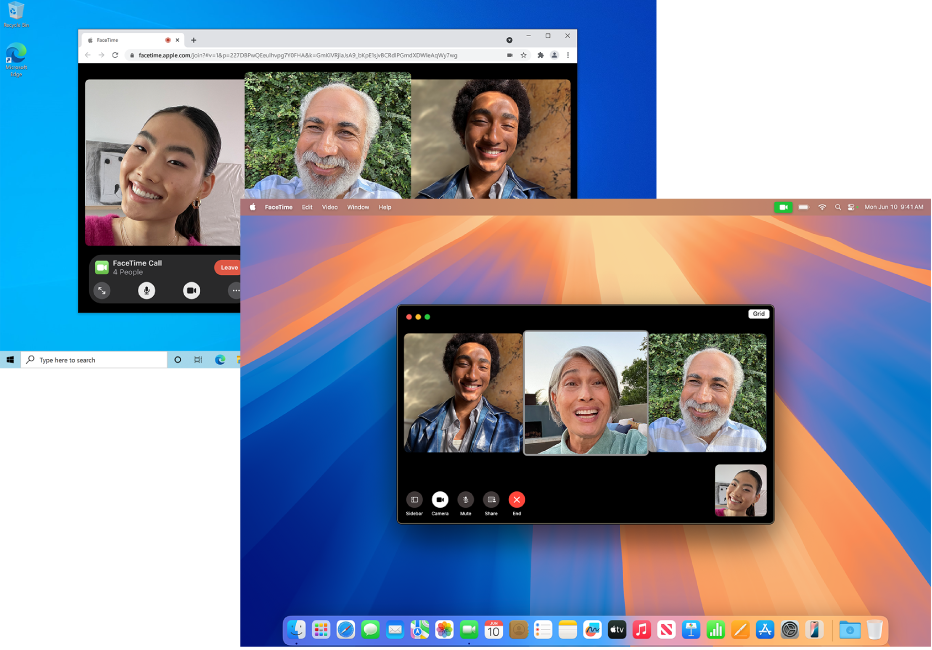 MacBook Pro і сеанс групового виклику FaceTime. Позаду ПК з груповим викликом FaceTime у вебі.