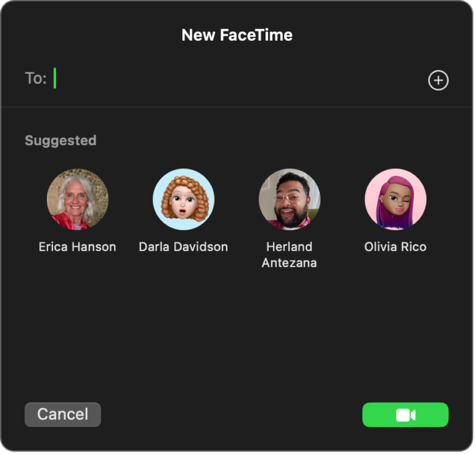 Cửa sổ FaceTime mới – nhập trực tiếp người gọi vào trường Đến hoặc chọn họ từ Được gợi ý.