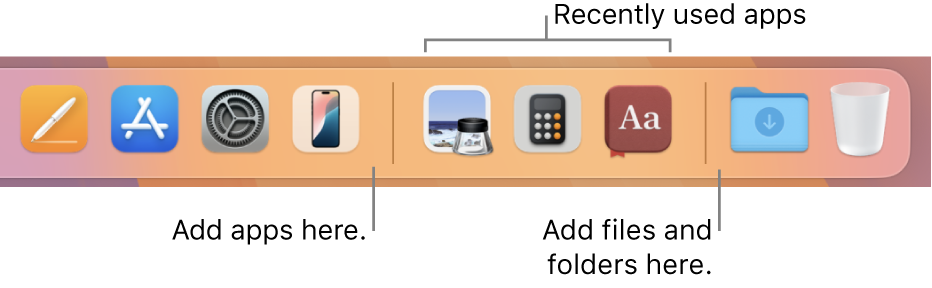 The right end of the Dock showing the separator lines preceding and following the recently used apps section.