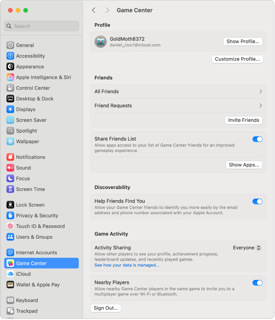 A Game Center account selected in System Settings, with gaming options listed on the right.