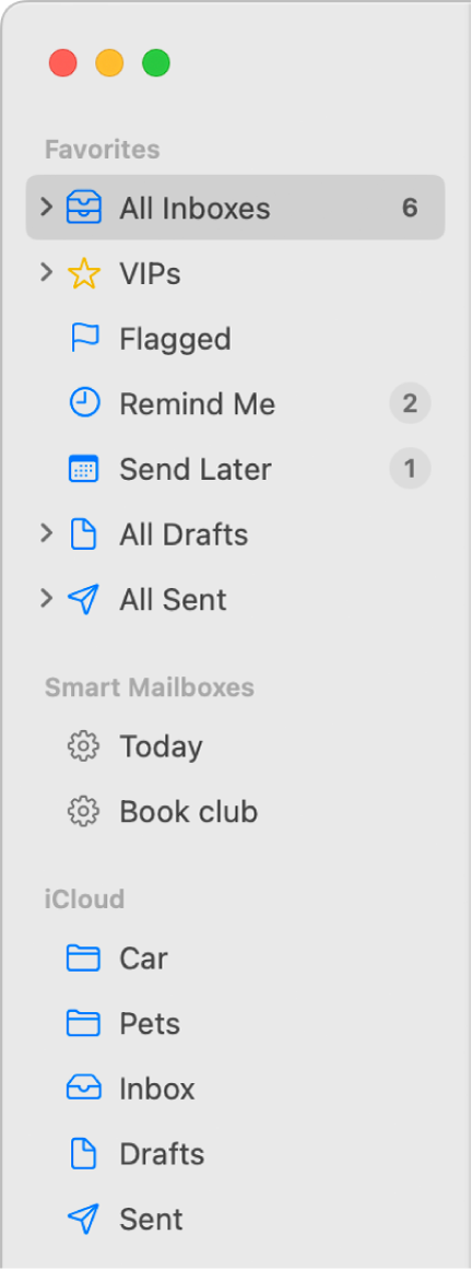 The Mail sidebar showing standard mailboxes (such as Inbox and Drafts) at the top of the sidebar, and mailboxes you created in the On My Mac and iCloud sections.