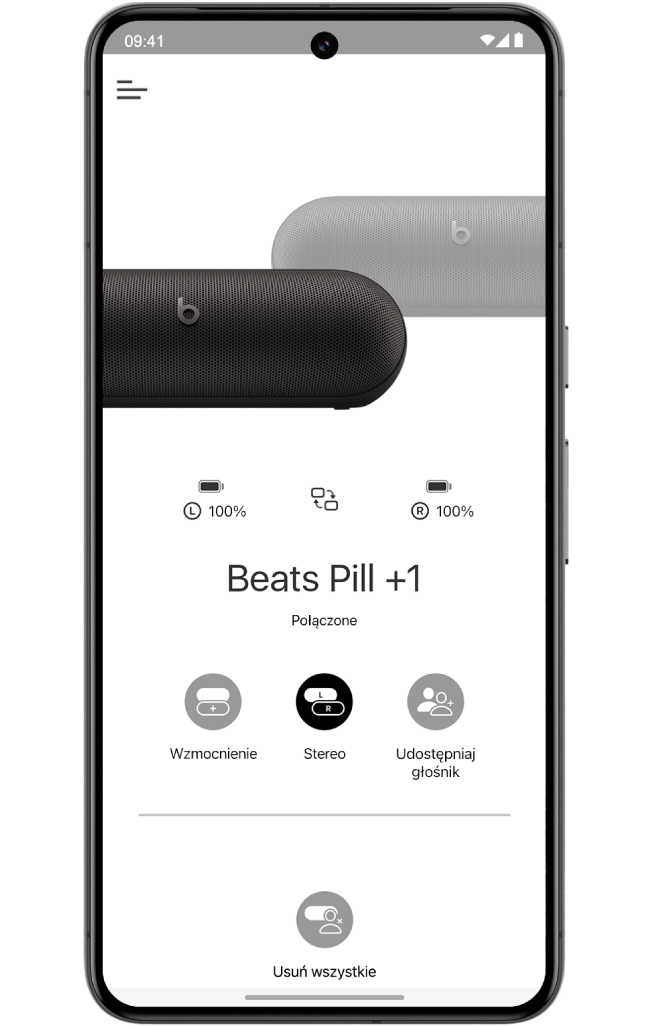 Ekran urządzenia w aplikacji Beats wyświetlający dwa połączone głośniki Beats Pill tworzące grupę stereo.