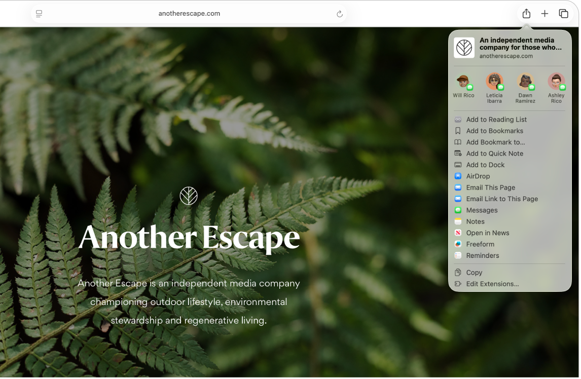 A Safari window shows a webpage with the Share menu open with various share options — including Add to Quick Note.
