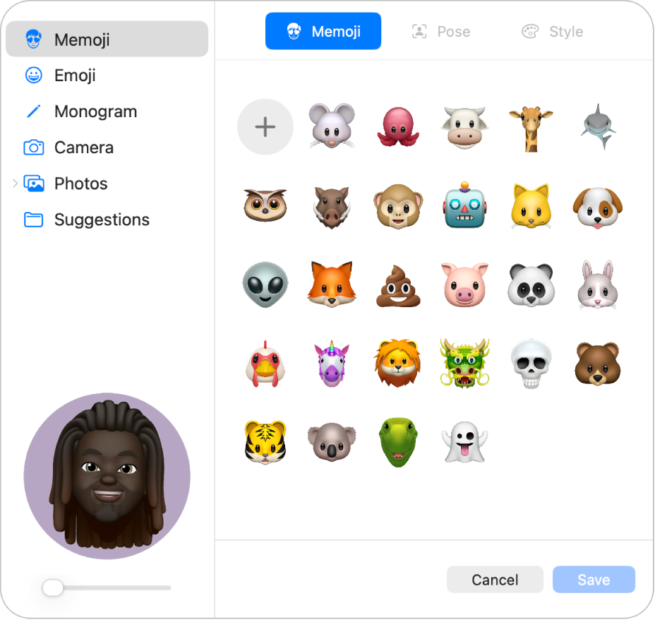 Die Apple Account-Bildoptionen. In der Seitenleiste findest du eine Liste mit Bildoptionen, darunter „Memoji“, „Monogramm“, „Fotos“ und mehr. „Memoji“ ist ausgewählt und ein Raster von Memojis wird angezeigt.